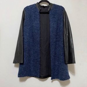 Melissa Paige Blue Black Leather and Boucle Fabric Open Front Cardigan Jacket M